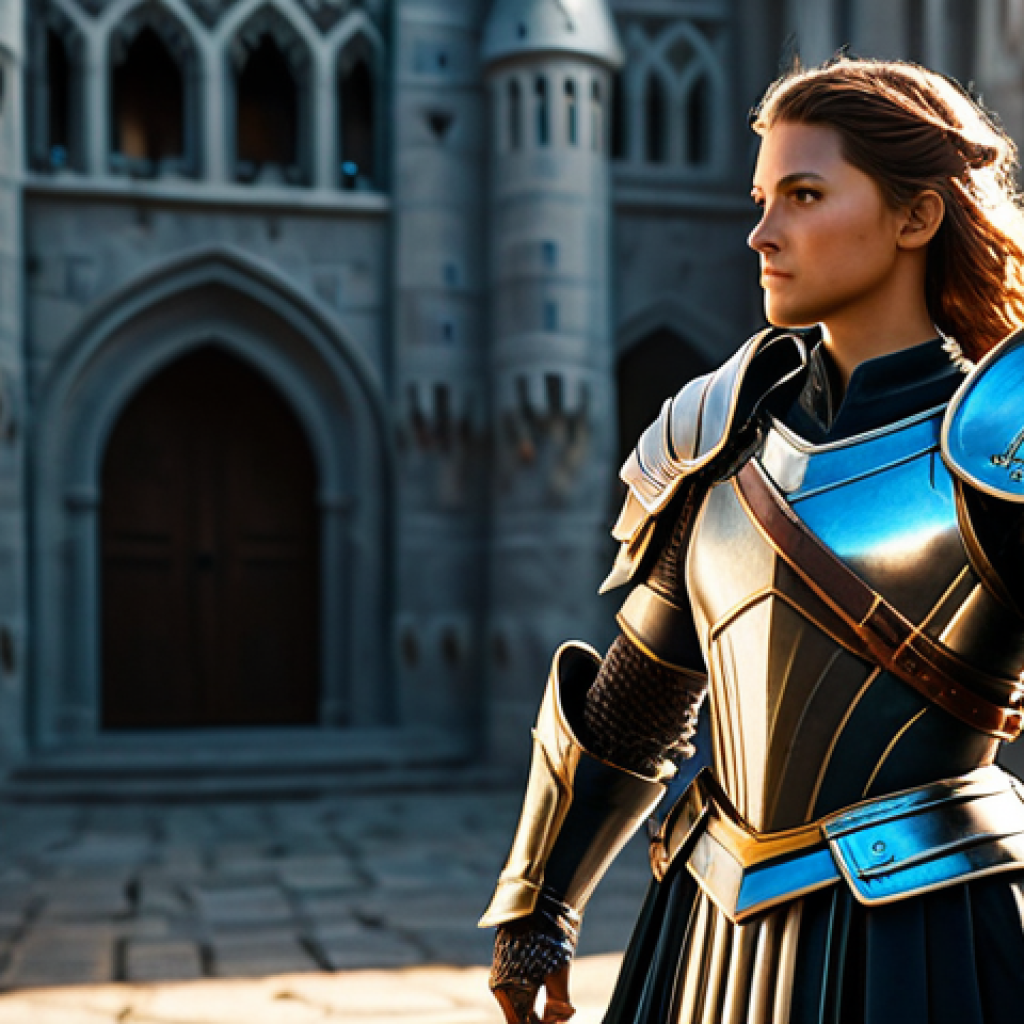 A majestic fantasy warrior, fully clothed in intricate, newly designed, modest armor, standing confidently in a grand, sunlit castle courtyard. The armor features exquisite details and a perfect fit, emphasizing power and elegance. The warrior's pose is natural and strong, with perfect anatomy, correct proportions, well-formed hands, and proper finger count. The background is a detailed, professional photography setup with soft, ambient lighting. safe for work, appropriate content, fully clothed, professional, high quality, cinematic.