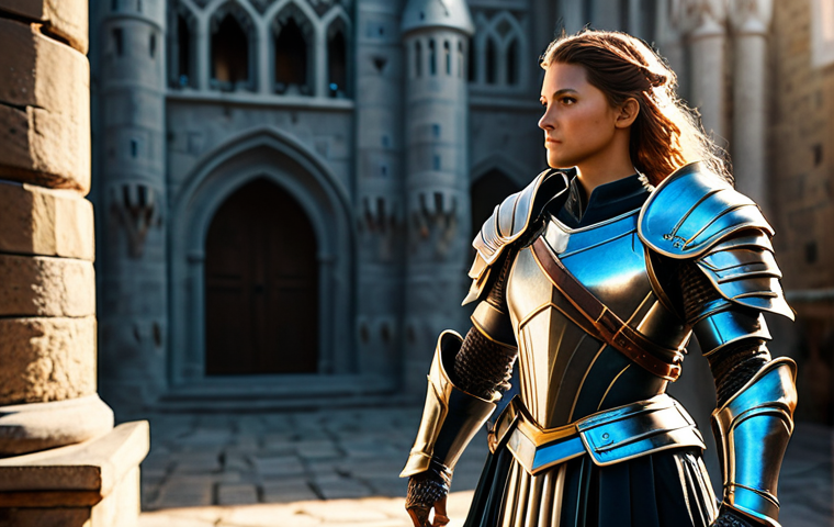 A majestic fantasy warrior, fully clothed in intricate, newly designed, modest armor, standing confidently in a grand, sunlit castle courtyard. The armor features exquisite details and a perfect fit, emphasizing power and elegance. The warrior's pose is natural and strong, with perfect anatomy, correct proportions, well-formed hands, and proper finger count. The background is a detailed, professional photography setup with soft, ambient lighting. safe for work, appropriate content, fully clothed, professional, high quality, cinematic.