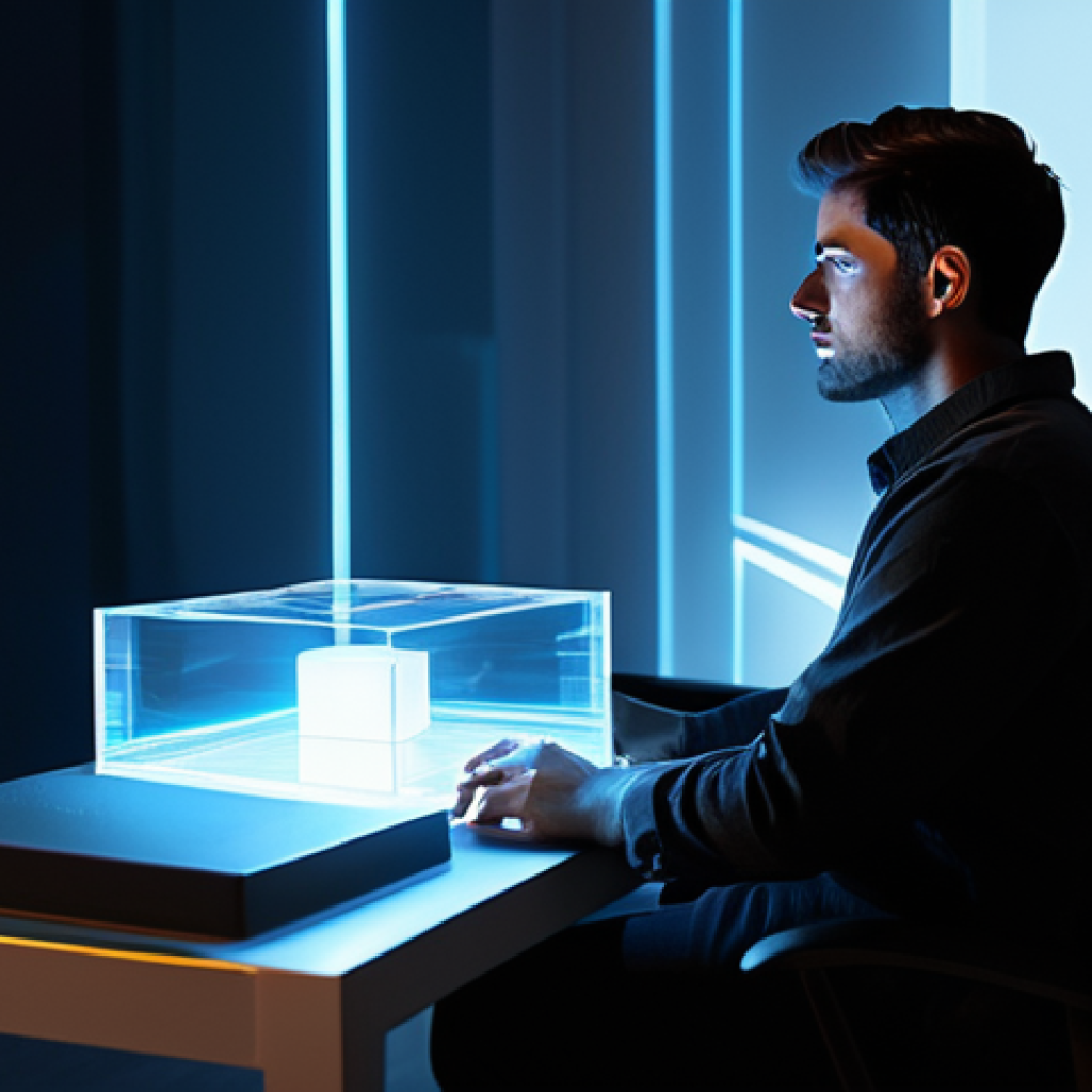 A professional game player, fully clothed in modest, smart casual attire, sits contemplatively at a sleek, minimalist gaming desk in a modern, subtly lit room. A glowing, translucent holographic projection of an abstract 'rare package' floats before them, showcasing stylized, non-specific game-related concepts like a radiant key and a shimmering box, emitting an inviting light. The player's expression is intrigued and thoughtful, without distress. professional photography, cinematic lighting, ultra-detailed, high resolution, perfect anatomy, correct proportions, natural pose, well-formed hands, proper finger count, natural body proportions, safe for work, appropriate content, fully clothed, professional.