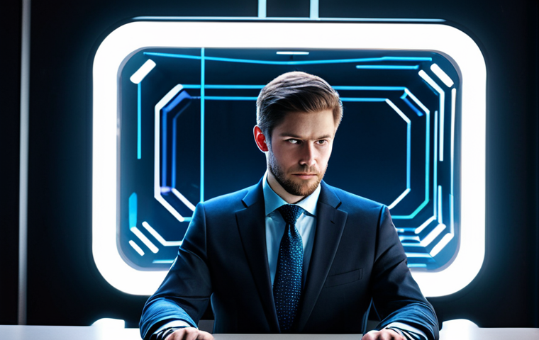 A male professional in a sharp, modest business suit, seated intensely at a sleek, futuristic desk. His face shows a mix of intense focus and anticipation as he looks at a large, transparent holographic game screen displaying an abstract "item enchantment" interface. One hand hovers over a glowing virtual button, while subtle, dynamic energy flows around the screen – bright, positive light on one side representing success, and faint, broken geometric patterns on the other side symbolizing potential failure. The background is a sophisticated, dimly lit modern gaming room with soft ambient light. Volumetric lighting, cinematic, high detail, professional photography, studio lighting. perfect anatomy, correct proportions, natural pose, well-formed hands, proper finger count, natural body proportions. fully clothed, modest clothing, appropriate attire, professional dress, safe for work, appropriate content, family-friendly.