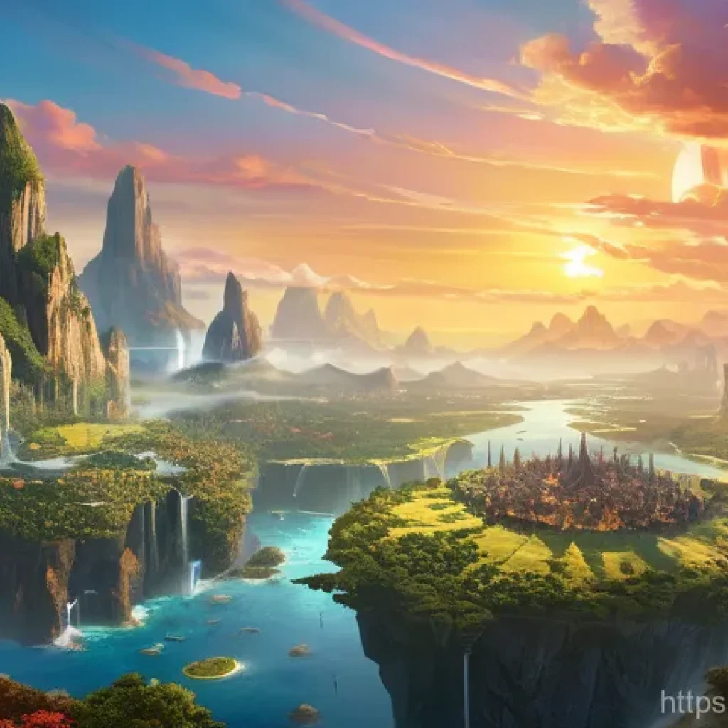 리니지M 서버 통합 준비법 - **Prompt:** A majestic, panoramic view of a fantastical realm where multiple floating island-like se...