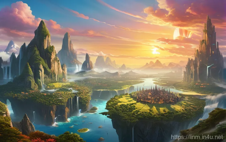 리니지M 서버 통합 준비법 - **Prompt:** A majestic, panoramic view of a fantastical realm where multiple floating island-like se...