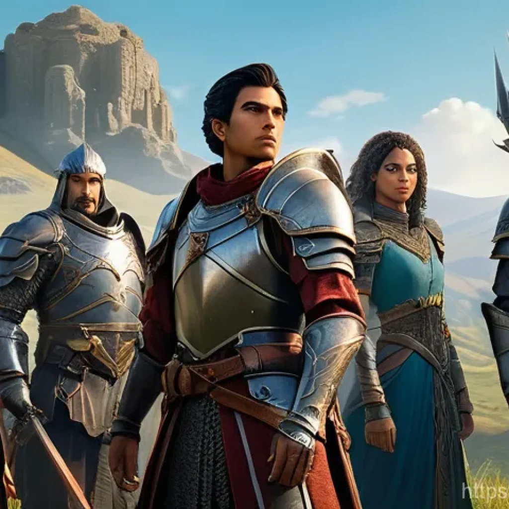 리니지M 초보자 맞춤 팁 - A vibrant, detailed fantasy illustration of a diverse group of Lineage M characters standing togethe...