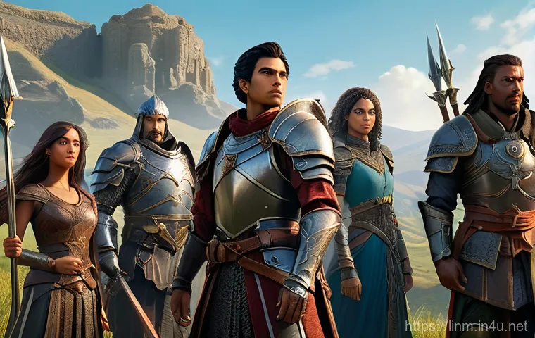 리니지M 초보자 맞춤 팁 - A vibrant, detailed fantasy illustration of a diverse group of Lineage M characters standing togethe...