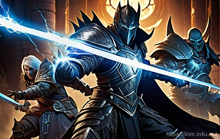 리니지M 사냥 효율 최적화 - A fantasy adventurer, dressed in typical RPG gear, engaged in "smart auto-hunting" in a lush, magica...