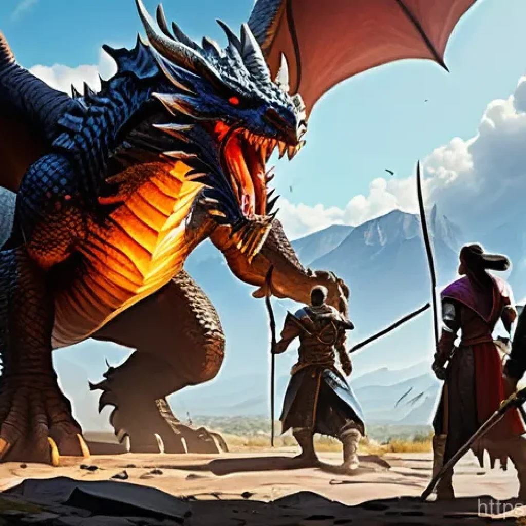 리니지M 혈맹 혜택 분석 - A group of diverse fantasy adventurers from a Blood Pledge (clan) enthusiastically battling a coloss...