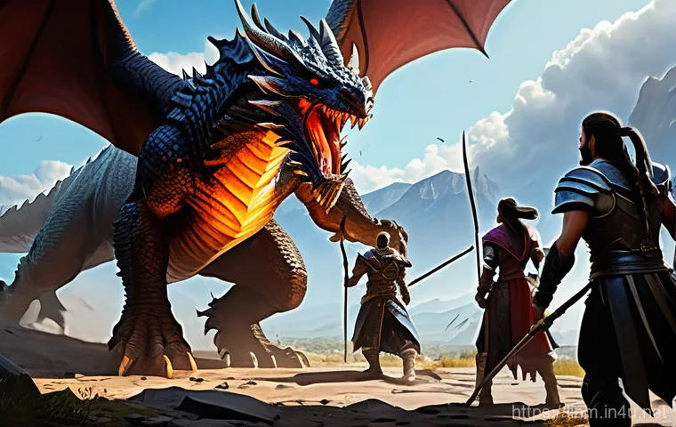 리니지M 혈맹 혜택 분석 - A group of diverse fantasy adventurers from a Blood Pledge (clan) enthusiastically battling a coloss...