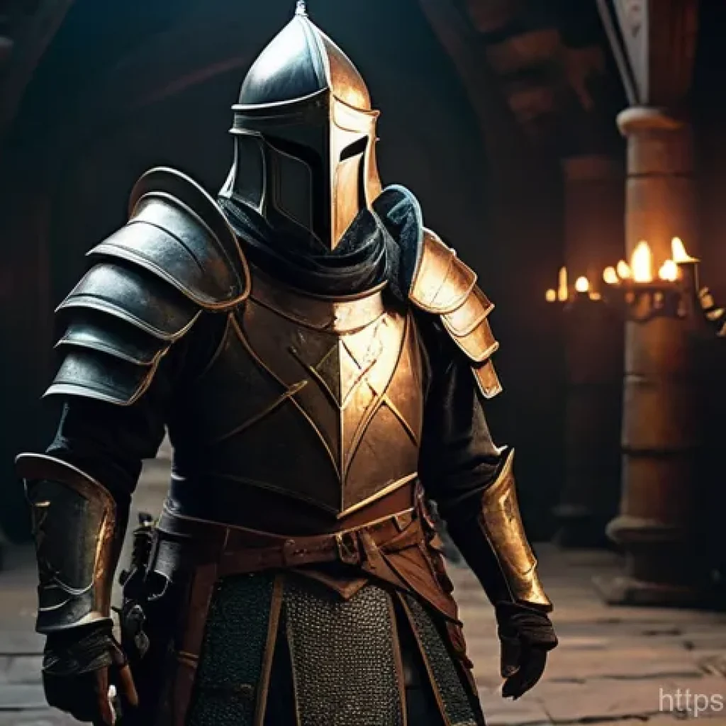 리니지M 장비 재활용 팁 - **Prompt:** A valiant male warrior, fully clothed in practical, layered fantasy armor, stands in a d...