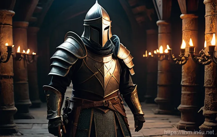 리니지M 장비 재활용 팁 - **Prompt:** A valiant male warrior, fully clothed in practical, layered fantasy armor, stands in a d...