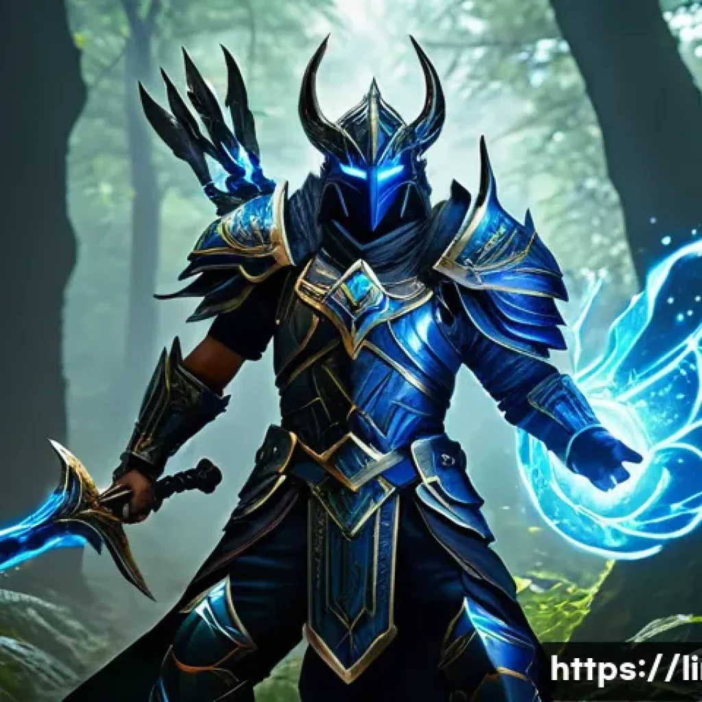 리니지M 이벤트 캐릭터 활용 - A powerful Lineage M-style Blademaster character, a male in ornate, dark fantasy armor with glowing ...