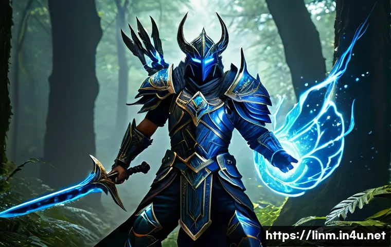 리니지M 이벤트 캐릭터 활용 - A powerful Lineage M-style Blademaster character, a male in ornate, dark fantasy armor with glowing ...